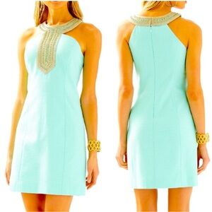 Lilly Pullitzer Adelina Beaded Aqua Halter Shift Dress Size 4